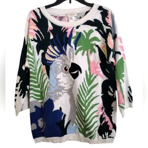 Paul & Joe Paris White and Pink Crew Neck Sweater Bold Botanical Prints Medium